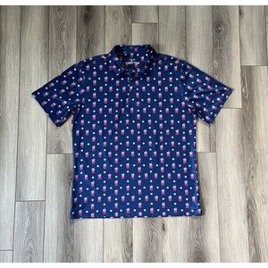 LRD Golf Polo Mens L Blue Ball Drink All Over Print Performance Stretch Party